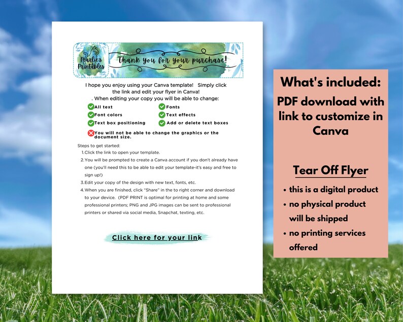 Puede incluir: Una descarga digital para una plantilla de folleto desprendible. El folleto es personalizable en Canva. El texto en la imagen dice "Qu&eacute; incluye: Descarga PDF con enlace para personalizar en Canva. Folleto desprendible - Este es un producto digital - No se enviar&aacute; ning&uacute;n producto f&iacute;sico - No se ofrecen servicios de impresi&oacute;n."