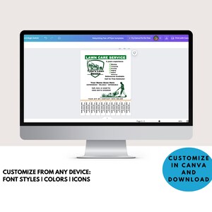 Puede incluir: Una pantalla de ordenador que muestra una plantilla de folleto de servicio de cuidado de c&eacute;sped verde y blanco. El folleto tiene un logotipo con una cortadora de c&eacute;sped y el texto "Tyler's Lawn Service". El folleto tambi&eacute;n incluye el texto "LAWN CARE SERVICE" y "Your Name Goes Here".