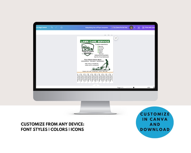 Puede incluir: Una pantalla de ordenador que muestra una plantilla de folleto de servicio de cuidado de c&eacute;sped verde y blanco. El folleto tiene un logotipo con una cortadora de c&eacute;sped y el texto "Tyler's Lawn Service". El folleto tambi&eacute;n incluye el texto "LAWN CARE SERVICE" y "Your Name Goes Here".