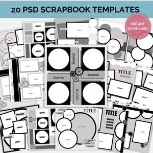 Peut inclure: Une collection de 20 modèles de scrapbooking PSD présentant des mises en page en noir, blanc et gris avec des espaces réservés pour des photos, des titres et du texte. Le design inclut des cadres circulaires et rectangulaires et des motifs floraux.