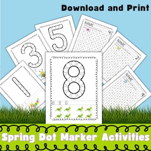 Puede incluir: Hojas de actividades de marcador de puntos con temática primaveral para imprimir para niños. Las hojas presentan los números 1, 3, 5 y 8 con círculos para rellenar con marcadores de puntos. Las hojas también incluyen una abeja, una oruga y un saltamontes.