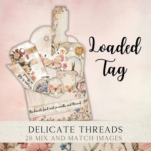 以下が含まれることがあります： 「Loaded Tag」と「Delicate Threads」の文字が入った、花柄と蝶のデザインの紙タグのコレクション。タグは様々な形とサイズで、柔らかくヴィンテージな雰囲気です。