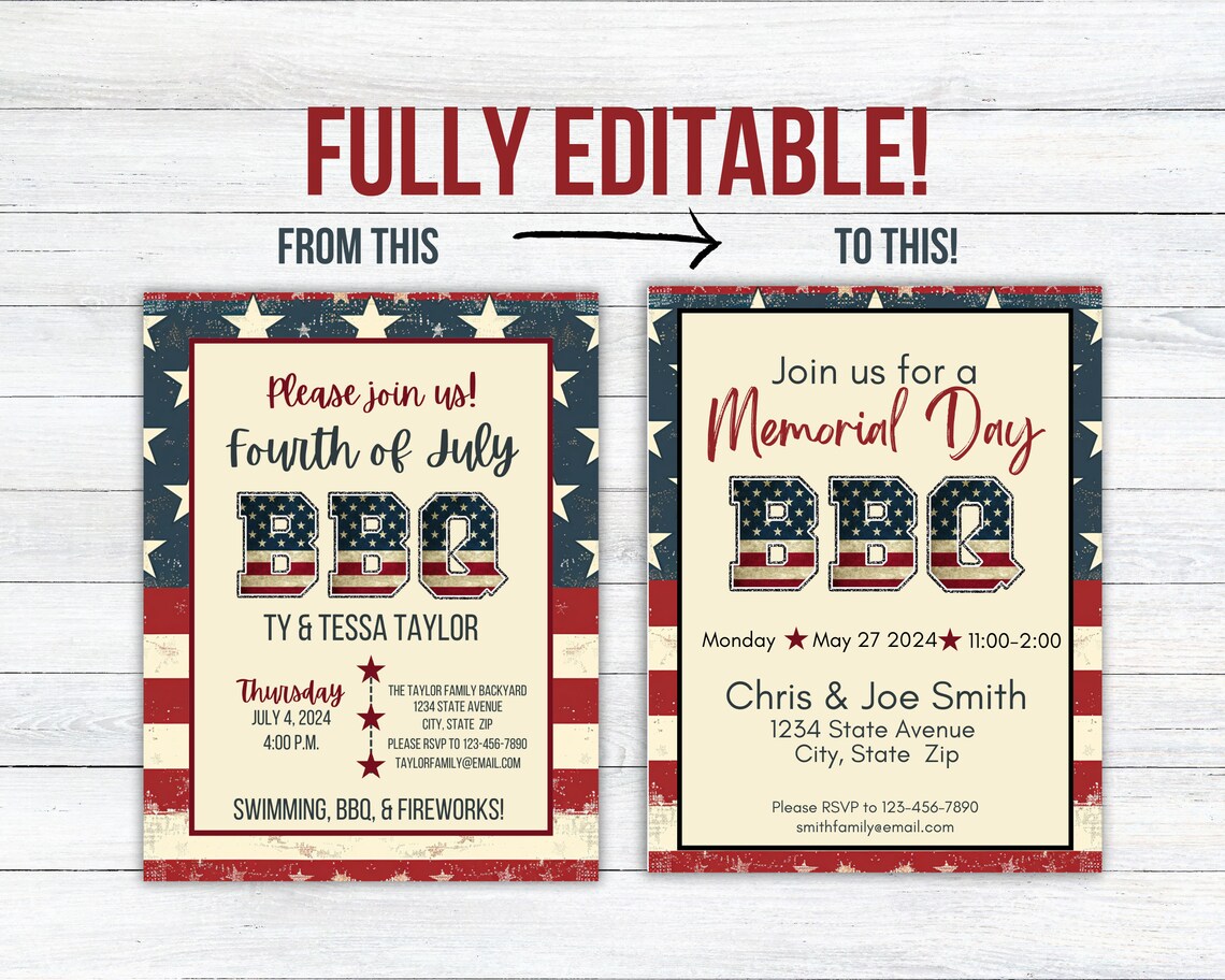 Editable 4th of July BBQ Invitation Template, Vintage Memorial Day ...