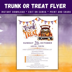 May include: A flyer advertising a Trunk or Treat event. The design includes a watercolour illustration of a car trunk filled with pumpkins and treats. The text reads "Trunk or Treat Flyer" and provides event details such as the date, time, and location.