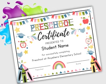 Printable preschool diploma - Preschool graduation certificate - Editable Canva template - Instant download diploma
