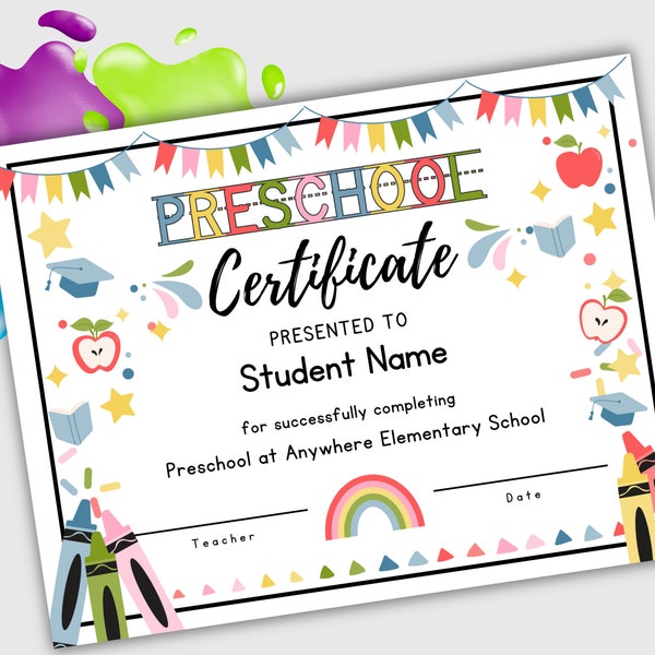 Preschool diploma template, PRINTABLE Preschool certificate, Canva template