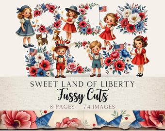 4th of July Fussy Cuts, Vintage Patriotic Kids, Florals and Frames – Printable Ephemera for Junk Journals and Crafts, SLLJJ01