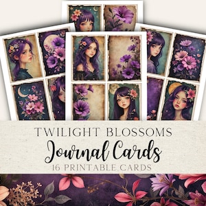 Cartões de diário Twilight Blossoms Junk | Cartões imprimíveis de Celestial Girl e Floral | Conjunto de itens efêmeros digitais para download instantâneo | TBJJ01