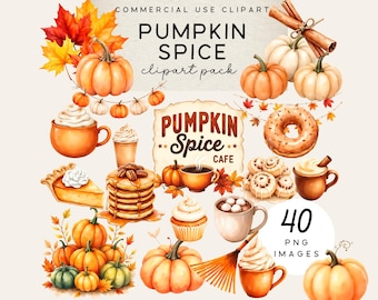 Clipart di Pumpkin Spice Café / PNG di cibo autunnale e zucca / Grafica di caffè autunnale per uso commerciale / PSJJ01
