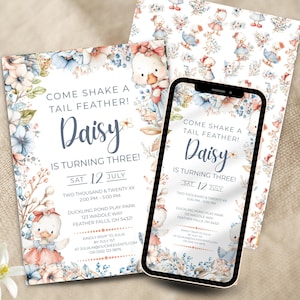 Little Duck Birthday Invitation Template, Editable digital invitation template, Girl Birthday printable invitation, LDB01