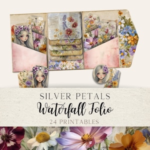 Puede incluir: Un kit de manualidades de papel con temática floral. Incluye un folio en cascada con bolsillos, etiquetas y adornos. El diseño presenta ilustraciones de flores, hadas y texturas de papel vintage. El texto de la imagen dice "Silver Petals Waterfall Folio 24 Printables."