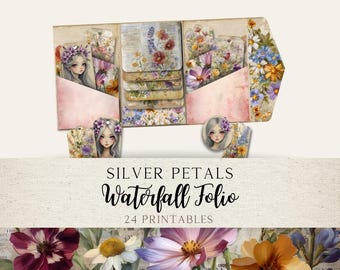 Silver Petals Waterfall Folio | Junk Journal Printable Kit | Tags, Pockets & Layered Ephemera | Instant Download | SPJJ01