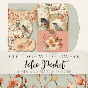 Folio Cottage Fleurs sauvages | Étiquettes imprimables, cartes, bases pliables | Folio journal indésirable |   Corail, vert, marron et crème | CWJJ01