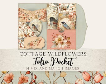 Cottage Wildflowers Folio Kit | Printable Tags, Cards, Foldable Bases | Junk Journal Folio |   Coral, Green, Brown & Cream | CWJJ01