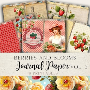 Pagine di diario con fiori e fragole / Carta stampabile con bacche e fiori / Diario del giardino / Carta stampabile per l'estate / / BBJJ01