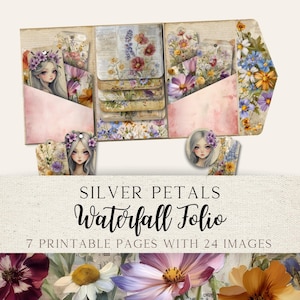 May include: A printable waterfall folio kit titled Silver Petals featuring 7 pages and 24 images. The design includes illustrations of characters with purple flower crowns, various floral patterns, and vintage-style paper textures in soft pink and beige.