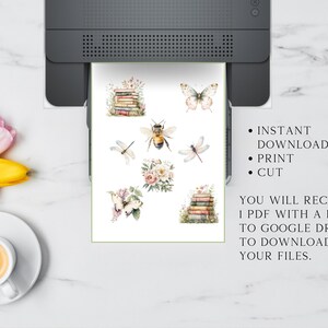 May include: Printable digital stickers featuring a bee, butterflies, flowers, and stacks of books. The text on the image reads "Instant Download, Print, Cut. You will receive 1 PDF with a link to Google Drive to download your files."