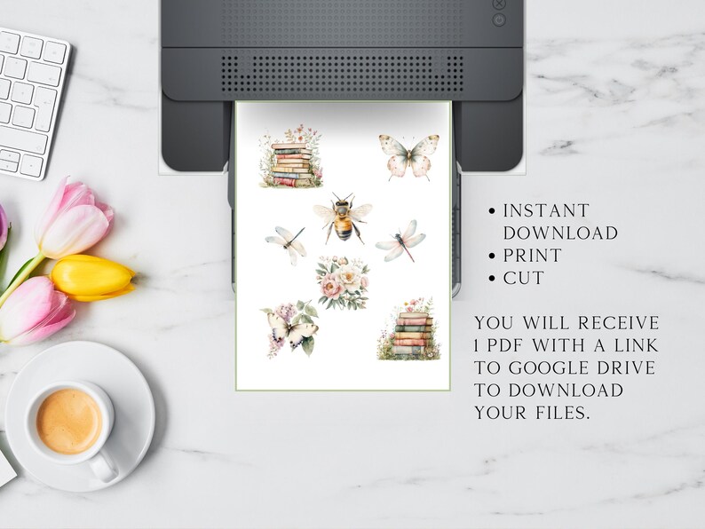 May include: Printable digital stickers featuring a bee, butterflies, flowers, and stacks of books. The text on the image reads "Instant Download, Print, Cut. You will receive 1 PDF with a link to Google Drive to download your files."