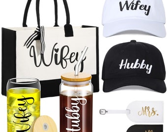 Wedding Gifts for Bride and Groom Sets, Bridal Shower Gifts, Baseball Hats, cups, tote bag, sunglasses, Luggage Tags, Bachelorette Party