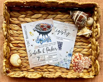 May include: A light blue and white invitation with a watercolor floral design. The invitation is for a "I Do" barbecue bridal shower for Isabella & Parker. The date is June 7th at 5:00 PM. The location is Stepping Stone Dr, Fishers, IN. The text includes "Let's shower these two before they say "I Do" and "Text Julie at 317- to RSVP".