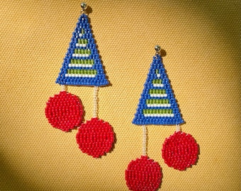 Fun color clashing earrings, playful beaded earrings,blue red earrings,beaded dot dangle drop earrings, triangle earrings, cute fun earrings