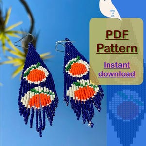 May include: A pair of beaded earrings with a blue, white, orange and green colour scheme. The earrings feature a pattern of oranges. The image includes the text "PDF Pattern Instant download".