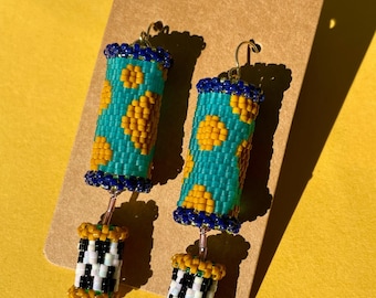 Color clashing beaded earrings, beaded polka dot earrings, boho earrings , mustard earrings, turquoise blue earrings, dangle drop earrings