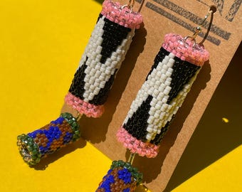 Bold Geometric Beaded Earrings with Pink Trim and Colorful Dangle Tubes – Handmade Statement Jewelry