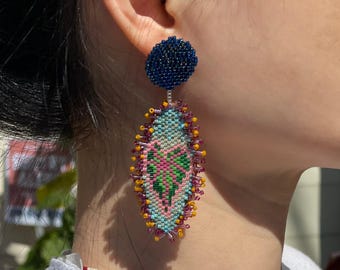 Handwoven Beaded Dangle Earrings, Peyote Stitch Floral Fringe