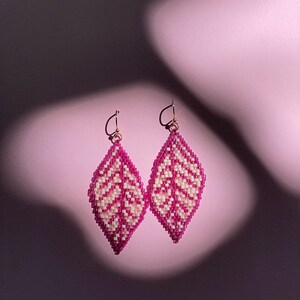 Handmade Beaded Leaf Earrings: Pink & Purple Glass Beads
