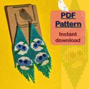 May include: A pair of turquoise beaded earrings with white and blue flower designs. The earrings are hanging from a brown card with the text "PDF Pattern Instant download".
