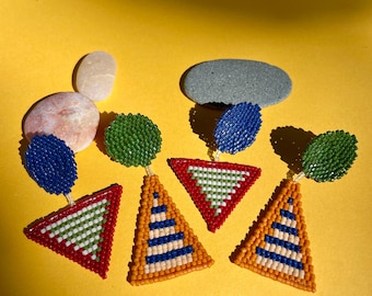 Color clashing beaded earrings/ colorful earrings/ geometric patterns earrings/triangle earrings/ red mustard earrings, dangle drop earrings