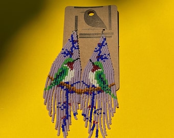 Beaded Hummingbird Earrings – Handmade Fringed Bird Jewelry with Floral Accents, Statement Beadwork Earrings, Nature-Inspired Gift