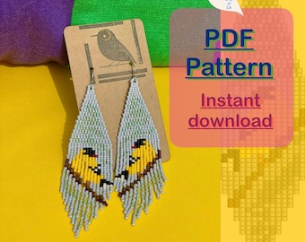 Goldfinch Beaded Earring Pattern | Brick Stitch PDF | DIY Bird earring Design with Fringe | Miyuki Delica 11/0 Beads | Instant Download
