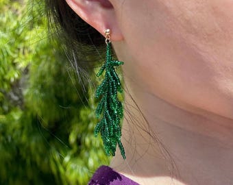 Handmade Beaded Fern Earrings: Green Leaf Dangle Fringe