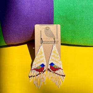 Beaded Painted Bunting Earrings: Bird Fringe, Handwoven Glass Beads
