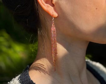 Purple beaded earrings/ seed bead fringe earrings