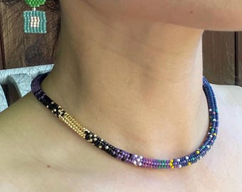 Purple and blue Beaded Necklace- multicolored glass seed bead choker 15inch