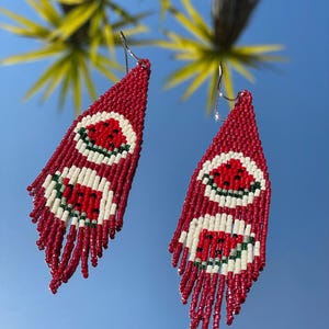 Handmade Beaded Watermelon Earrings: fruit Fringe Jewelry
