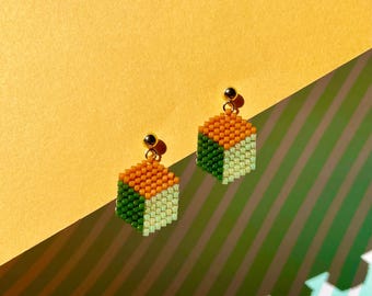 handmade beaded 3D color block cube earrings, small earrings, green earrings, lightweight earrings, cute playful earrings