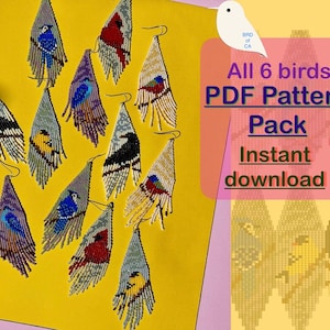 Może przedstawiać: Zestaw sześciu kolorowych wzorów koralików ptaków do kolczyków. Wzory są w formacie PDF i są dostępne do natychmiastowego pobrania. Obraz przedstawia gotowe kolczyki, które są wykonane z kolorowych koralików i przedstawiają różne wzory ptaków.