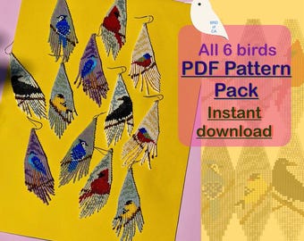 bird beading pattern,  pack of 6 instant PDF download, beaded bird earring pattern, all 6 different birds’ patterns Miyuki delica 11/0 beads