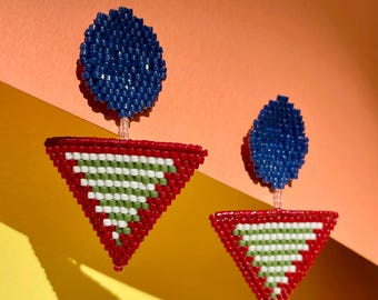 Color clashing handmade beaded earrings/ colorful earrings/ geometric patterns earrings/triangle earrings/ red blue earrings