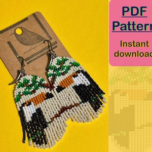 May include: A pair of beaded earrings with a toucan design. The earrings are made with white, black, green, orange, and brown beads. The earrings are hanging from silver hooks. The image also includes the text "PDF Pattern Instant download".