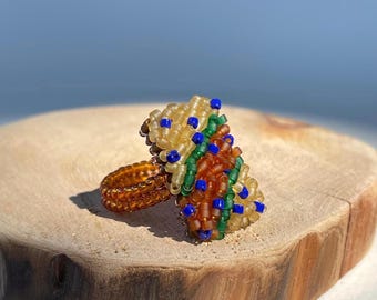 Handmade Beaded Ring: Colorful Boho Seed Bead Statement Jewelry
