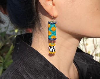 Mismatched Perlen Zylinder Ohrringe • Geometrischer Tupfen Peyote Stich Schmuck • Moderne handgemachte Statement Ohrringe •Miyuki Perlen Geschenkidee