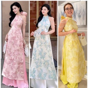 Vietnamese traditional & modern ao dai Yem bowl with pearl chain style in pink/ mint/ yellow, pants included