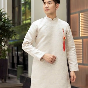 Vietnamese aodai for men Taffeta Ao Dai Men | Vietnamese Modernized Ao Dai Men white, brooch included