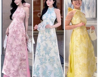 Vietnamese traditional & modern ao dai Yem bowl with pearl chain style in pink/ mint/ yellow, pants included
