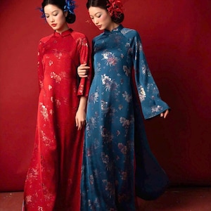 Vietnamese modern aodai Lua tuyet nhu ao dai relaxed form in red/ teal, pants included